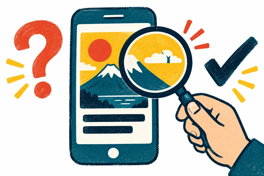 虫眼鏡でニュースの情報を確かめるイラスト