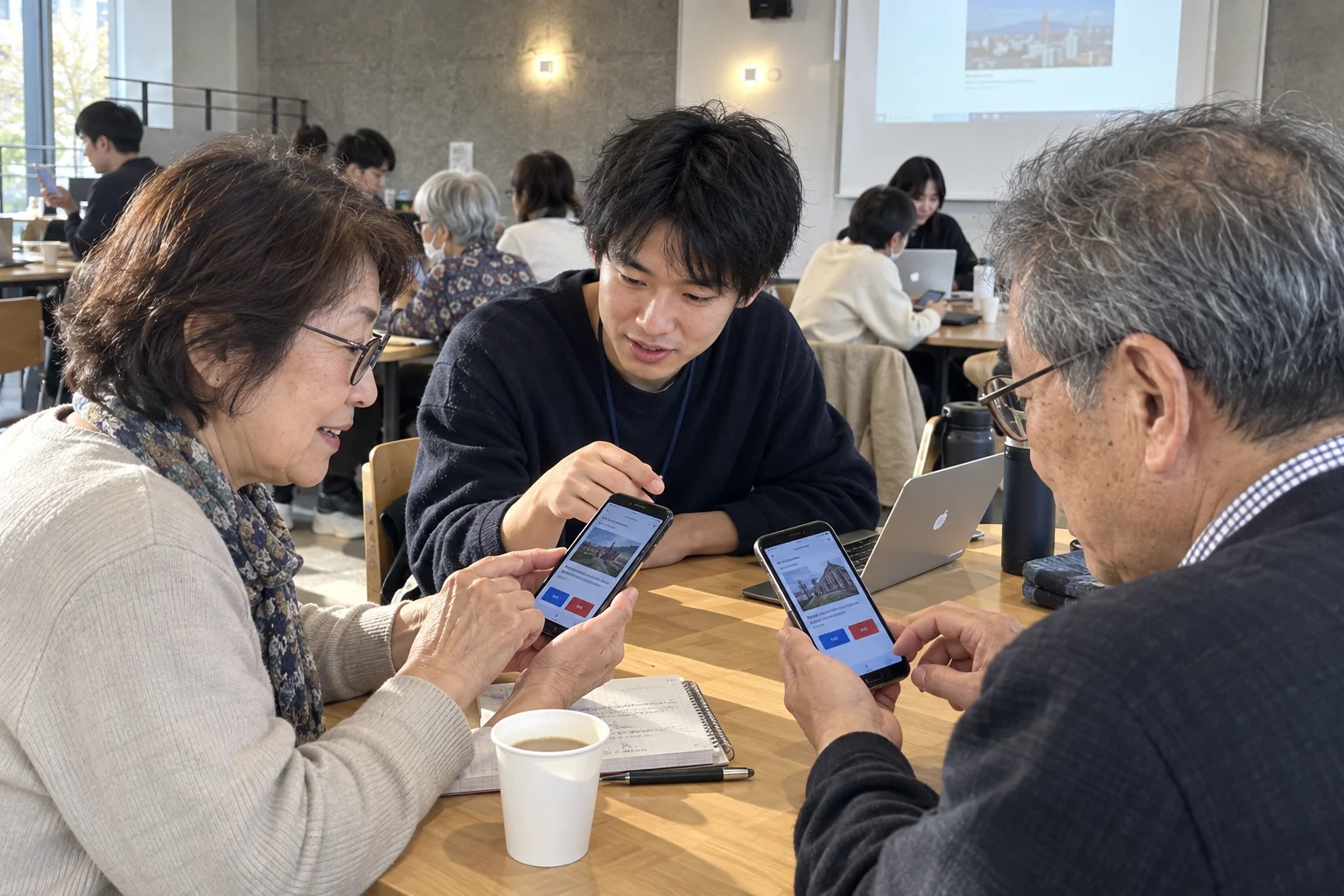 画面の情報を一緒に確かめる参加者と学生