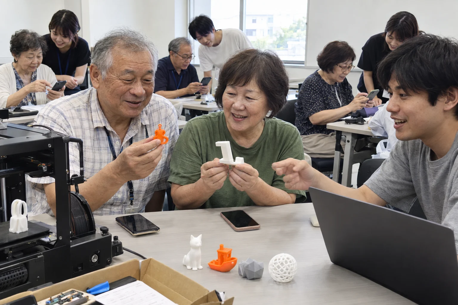 作品を手に取る参加者と学生