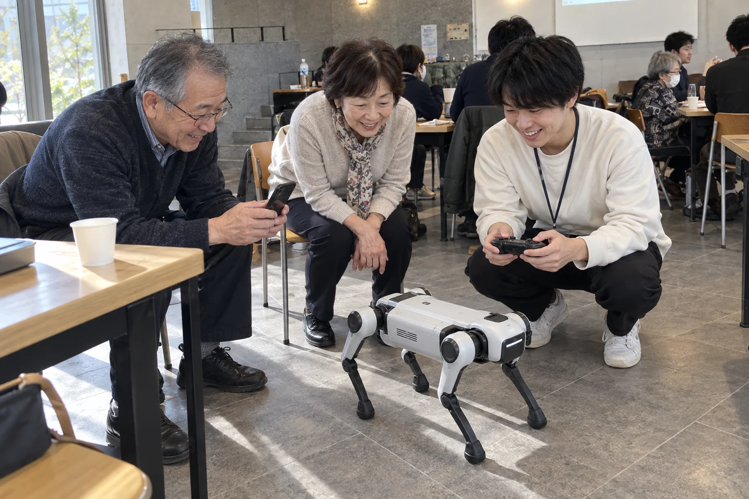 犬型ロボットの動きを学生と見ている体験イメージ