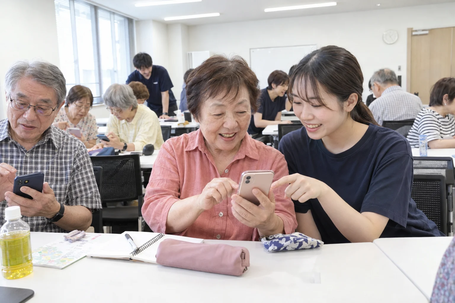 スマートフォンの画面を学生と一緒に見ている体験イメージ